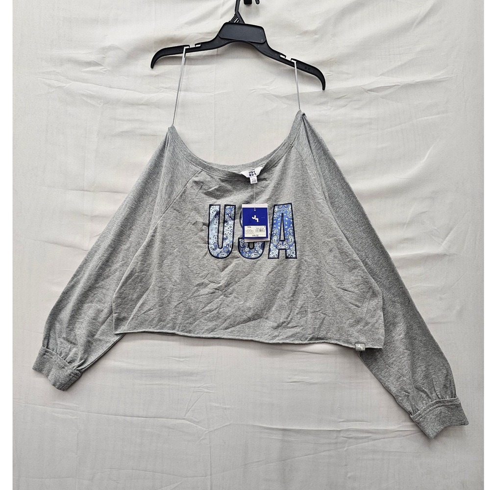 JoyLab Womens USA Graphic Long Sleeve Crop Top Gray Cotton Blend Size 2XL